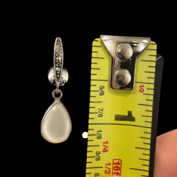 Vintage Sterling Silver Marcasite Mother of Pearl Drop Earrings - Picture 10 of 15